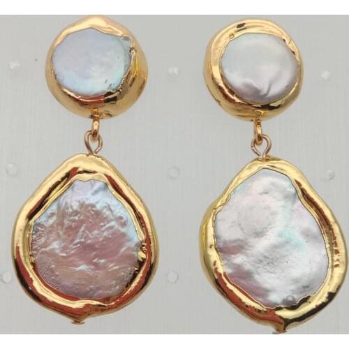 YYGEM natural Cultured White Coin freshwater Pearl yellow Gold Color Stud Earrings