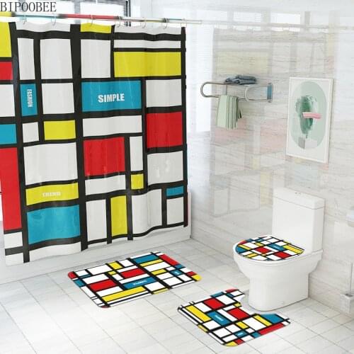 Geometry Modern Shower Curtain Color Grid Print Polyester Fabric Bathroom Curtains Set Toilet Lid Cover Rug Anti-slip Carpet