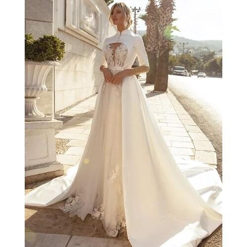Robe De Mariee Half Sleeve Wedding Dress Two in One Hochzeitskleid Beading Appliques Vintage Vestido De Novia Bridal Gown