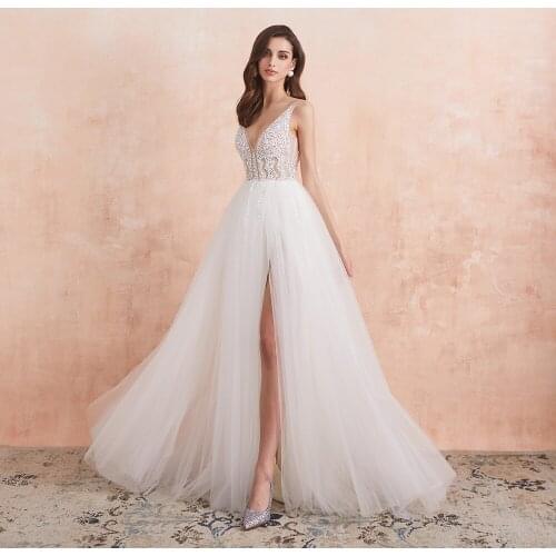 V Neck Wedding Dress White Ivory Sexy High Splits Beaded Beading Pearls Crystal A Line Backless Bridal Gown Vestido De Noiva