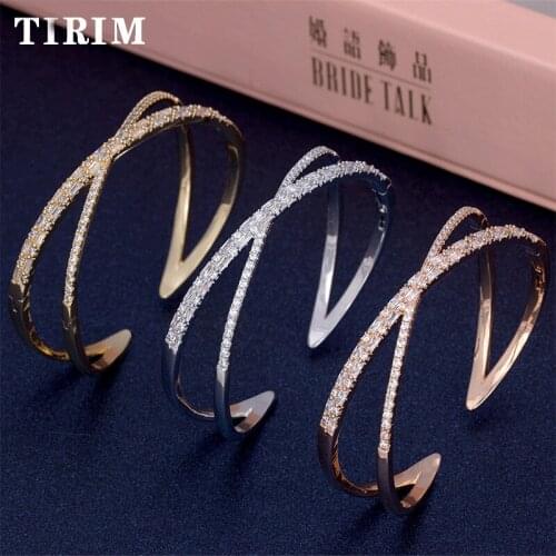 TIRIM Luxury Wedding Anniversary Bangle Ring Sets for Women Zircons Jewelry Sets Rose Gold Color Copper Cross Shape Party Bijoux