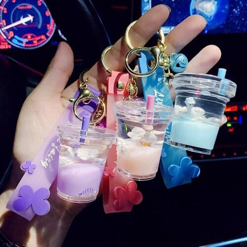 Creative Milk Fruit Cup Keyring Liquid Floating Swan Key Chains Women Men Car Bag Pendant Acrylic Key Ring Gift