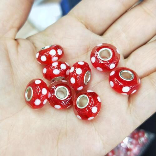 High Quality 5pcs Red Dots Lampwork Beads Big Hole Fit European Charms Bracelet DIY Approx 8x14MM