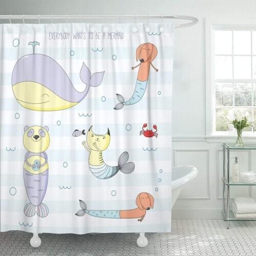 Cute Whale Mermaid Cat Dachshunds Panda Fish Crab Shower Curtain Waterproof Polyester Fabric 72 x 72 Inches Set with Hooks