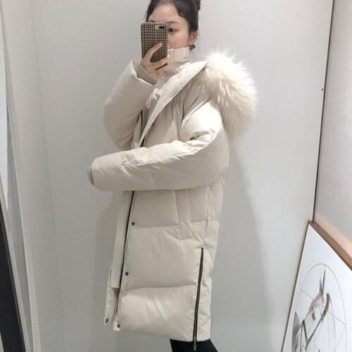 Fashion Casual 90% White Duck Down Jacket Women Thick Warm Long Winter Coat Real Raccoon Fur Collar Hooded Female Parka Outwear