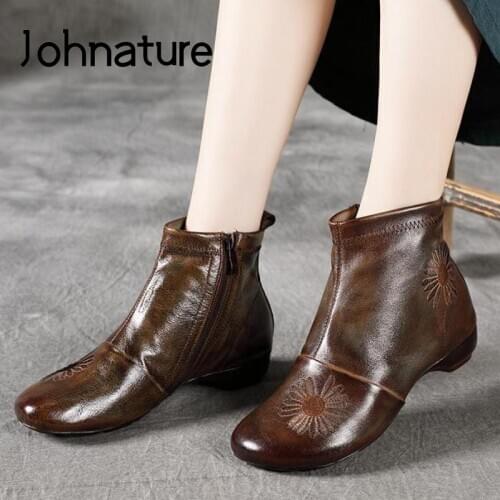Johnature Retro Shoes Women Boots 2020 New Genuine Leather Embroider Zip Handmade Round Toe Concise Leisure Ankle Platform Boots