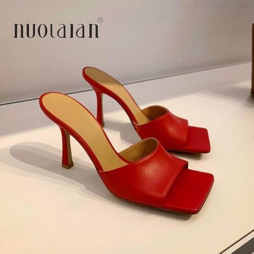 2020 New Square Toe High Heels Sandals Women Fashion Open Toe Slipper Womens Sandals Summer Designer Mules Shoes Women