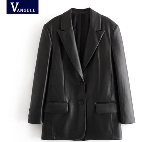 Vangull PU Faux Leather Blazers Women Leather Jacket Coat 2021 Long Womens Jacket Outwear Lady Coat Female Leather Suit Blazers
