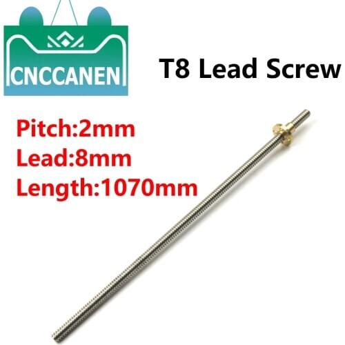 1Pcs T8 lead screw 1070mm OD8mm Picth 2mm Lead 8mm & Brass Nut For 3D Printer