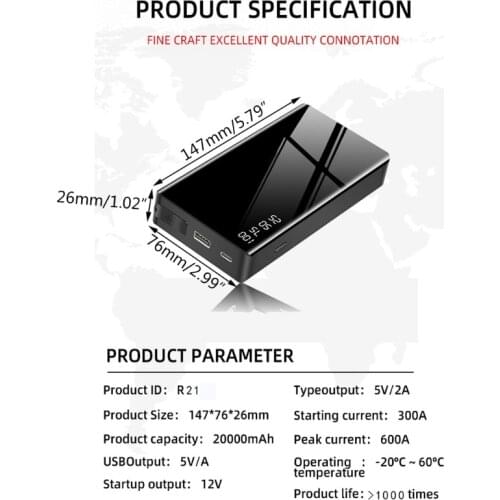 20000mAh 12V Portable Car Jump Starter Emergency Battery Booster Power Bank D7WD