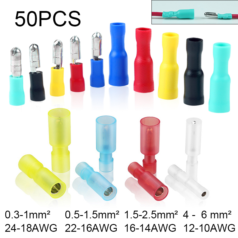 TAKE-EASY 50Pcs Bullet Terminals Crimp Connector Elelctric Terminals for Wire Terminal Butt Splice Electrical Cable Conector