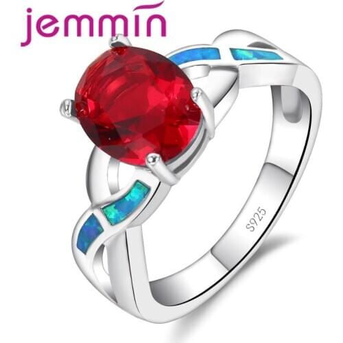 Classic Wedding Party Ring Red Oval CZ Crystal with Fashion Fire Blue Opal Cross Loop for Women Valentines Day Gift