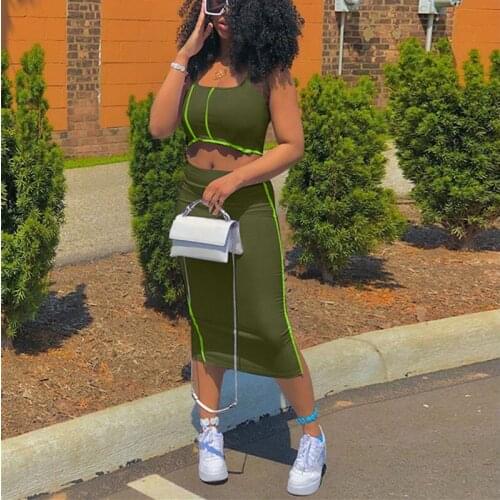 Fashion Army Green Two Pieces Set Clothing Women Sexy Spaghetti Strap Tops + Split Midi Skirt party night club Skirts set