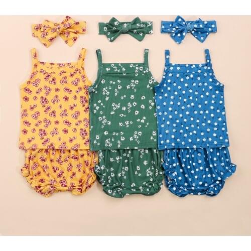 Cute Sweet Style Baby Girls Clothes Set Summer Floral Printing Sleeveless Suspender Tops+Lace Shorts+Headwear 3PCS Toddler Set