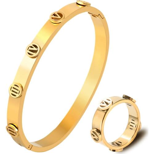 Fashion Jewelry Set Hollow CH Letter Opening Cuff Bangle Bracelet For Women Mens Gold Color Men Rings Bangles Gifts