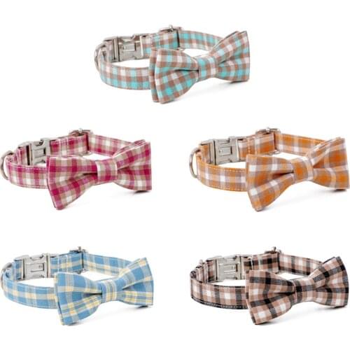 Small Fresh Lattice Cat Collar Metal Buckle Bow Tie Ornaments Dog Necklace Suffocation Adjustable Removable Collar Pet Accessori