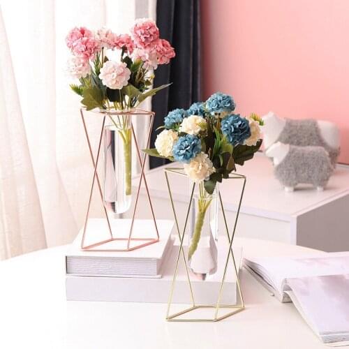 Nordic Geometric Vase Ornaments Metal Wrought Iron LivingRoom Flower Arrangement Glass Flower Stand Home Decoration Accessories