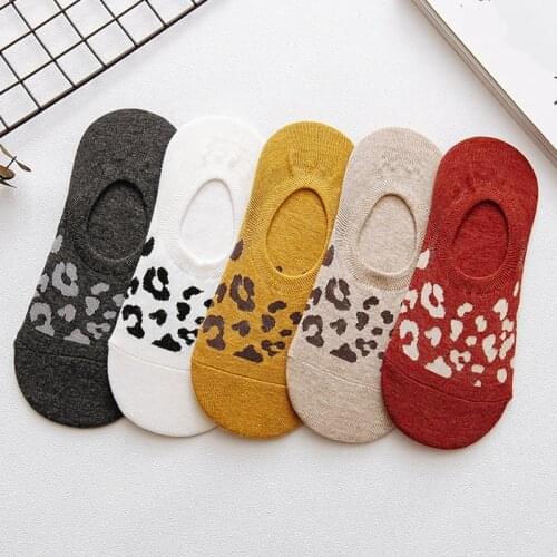 5 Pairs Pack Leopard Print Socks Woman Animal Cute Khaki White Cotton Casual Wholesale Summer Non-slip Boat Socks Invisible