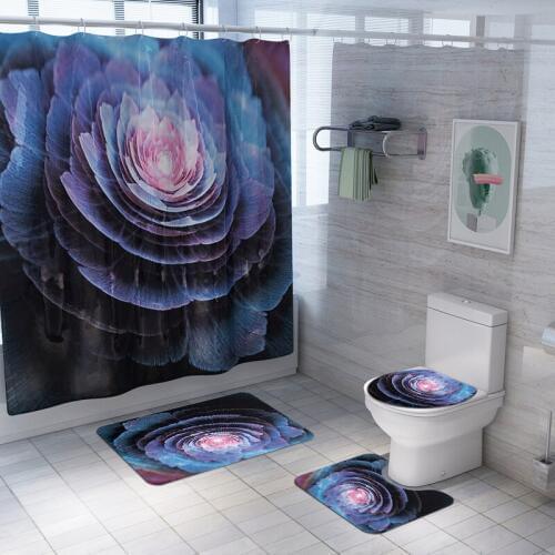 Drop Shipping Flower Pattern Shower Curtain Set Polyester Waterproof Bath Curtain 180x180cm With Bathroom Mat Set