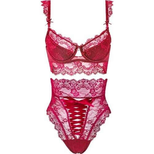 Sexy Lace Large Size Bra Set Lingerie Ladies Temptation Lace Satin High Waist Lace-up Panties Briefs