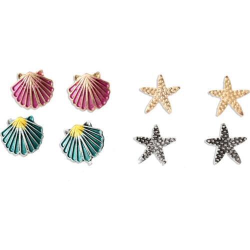 CRLEY 4pairs Stud Earrings for Women Green Shell Starfish Wedding Jewelry Vintage Fashion Colorful Ocean Theme Party Jewelry