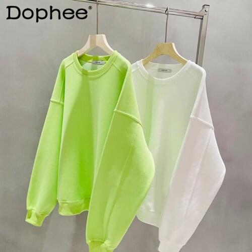 Round Neck Hoodies Loose Pullover 2021 New Candy Color Spring and Autumn Mid-Length Lazy Style Tops for Women Sweatshirts