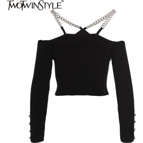 TWOTWINSTYLE Patchwork Chain Black T Shirt For Women V Neck Long Sleeve Skinny Solid Minimalist T Shirts Female Fashion Clothing