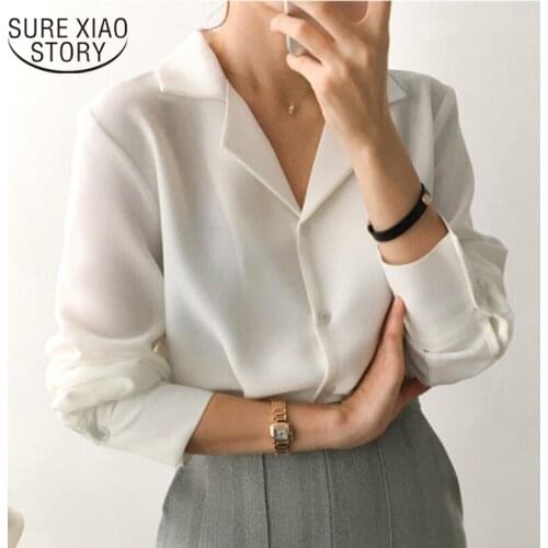 2021 Fashion Women Blouses Solid White Chiffon Blouse Office Shirt Long Sleeve Women Shirts Clothes V-Neck OL Style 9379 50