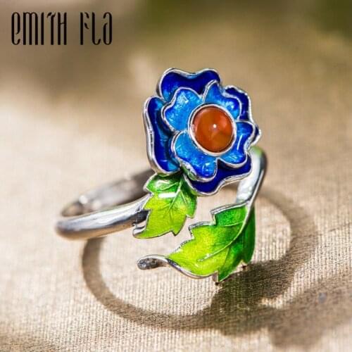 Genuine 100% 925 Sterling Silver Chinese Style Cloisonne Female Vintage Open Rings Fashion Jewelry For Women