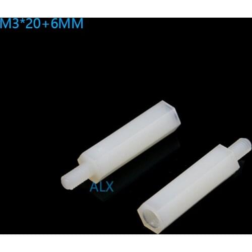 50PCS M3*20+6MM Hex head nylon Spacing Screw Threaded Pillar PCB STANDOFF SPACER M3 20+6MM Hexagonal Stud Spacer 20+6 20MM+6MM
