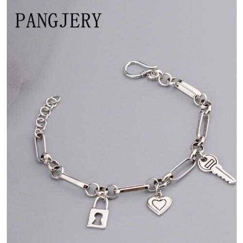 PANGJERY 925 Sterling Silver Key Lock Bracelets for Women Fashion Splicing Irregular LOVE Heart Element Engagement Jewelry Gifts