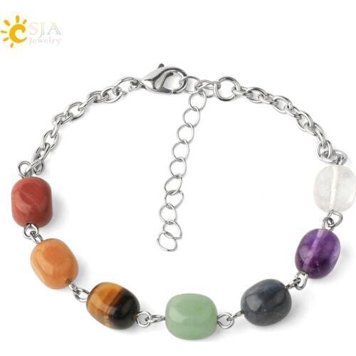 CSJA New 7 Chakra Natural Stone Yoga Bracelet Irregular Reiki Tumbled Bead Link Chain for Female Meditation Healing Jewelry G338