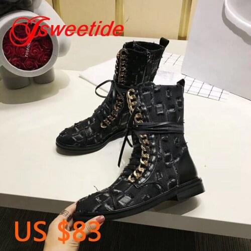 Spring autumn winter strange style Chain fashion womens Checkered cloth Highest quality Flats Ankle boots Motorcycle Boots