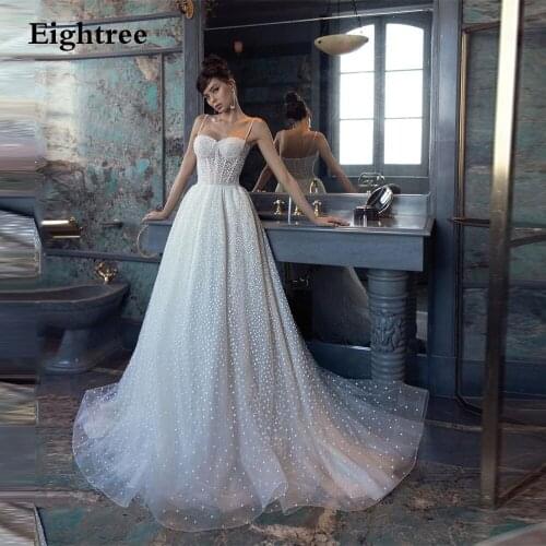 Eightree White Dot Spaghetti Strps Bridal Gowns 2021 A Line Sweetheart Beach Wedding Dresss SimpleTulle Princess Party Dresses
