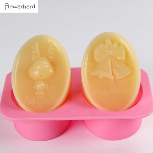 Handmade Soap Mold Silicone Resin Mold Oval Double Hole Deer Bell Soap Mold Christmas Molds Fondant Cake Mold Soap Making