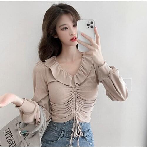 T Shirts for Women Ruffles Crop Top Spring Autumn Long Sleeve V-neck Ladies Tops Fashion Female Clothing Korean Style Tees