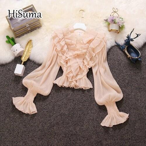 HISUMA 2021 summer new female V neck lantern sleeve rhinestones ruffles chiffon shirts women elegant waist blouses chic shirt