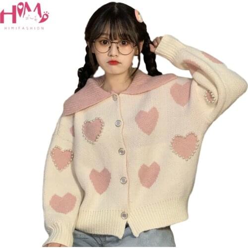 Pink Heart Knitted Cardigan Women Kawaii Sweater Winter Vintage Pearl Button Long Sleeve Jumper Cute Sweet Autumn Clothes Coat