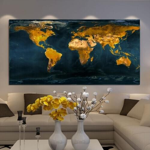 Golden World Map Pictures Posters and Prints Wall Art Canvas Paintings for Living Room Decoration Cuadros Home Decor No Frame