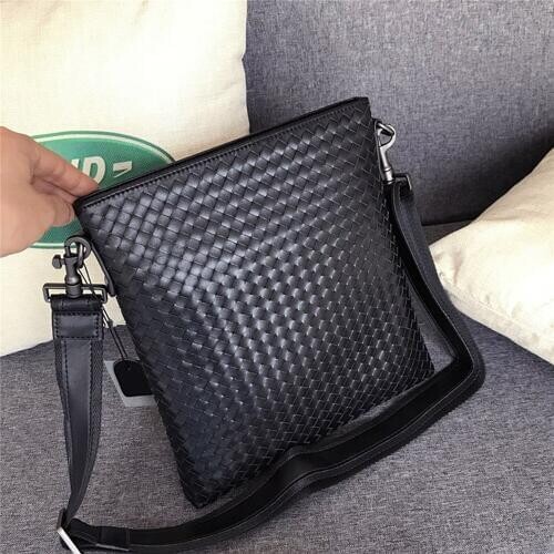 Men' s Vertical Business Bag Genuine Cowhide Leather Woven Single Shoulder Bag Handmade Bag for iPad Cash Card Phone Car Key
