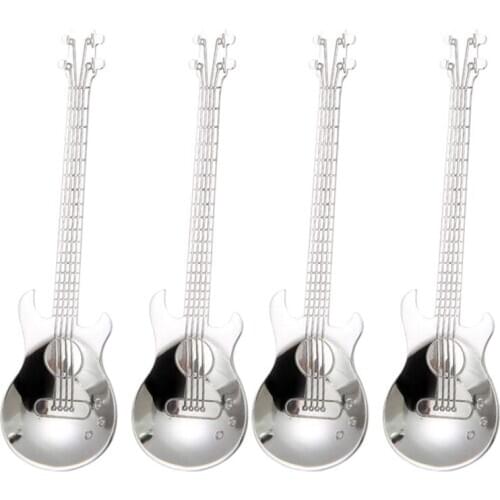 New Guitar Coffee Teaspoons,4 Pcs Stainless Steel Musical Coffee Spoons Teaspoons Mixing Spoons Sugar Spoon(Silver)