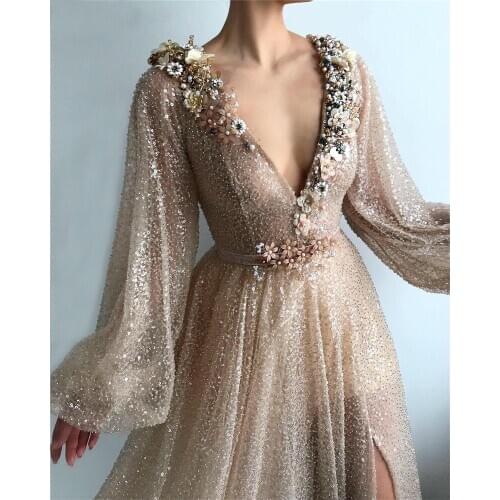 Champagne Muslim Formal Party Dress Flowers V-Neck Sequin A-Line Dubai Arabic Long Sleeve Evening Dresses платья для выпускного