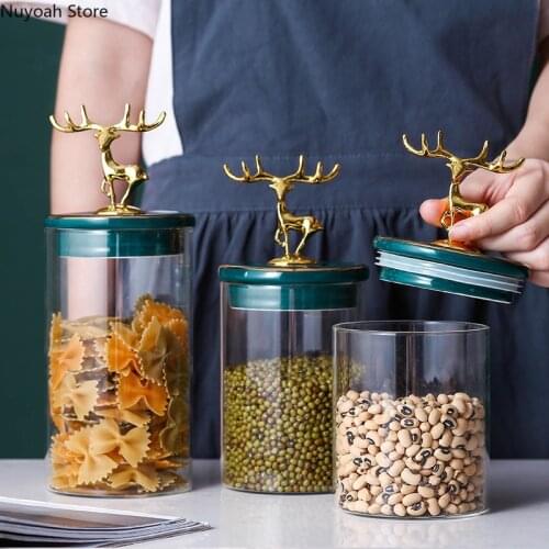 Transparent Glass Storage Jar Golden Elk Lid Moisture-proof Sealed Jar Household Storage Box Bottle Kitchen Grain Dispenser