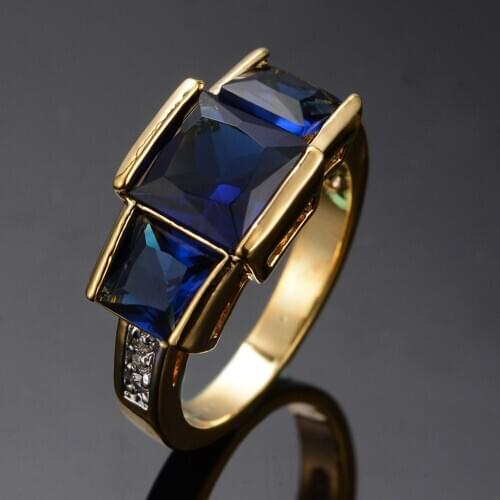 Luxury Female Crystal Blue Stone Ring Big Yellow Gold Color Wedding Rings For Women Vintage Bride Square Engagement Ring