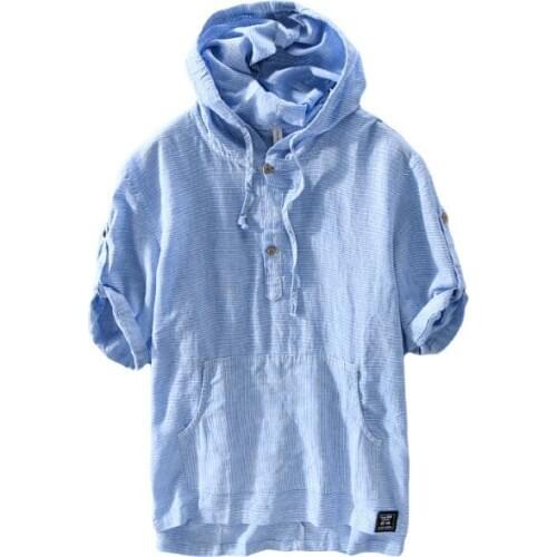 Summer Linen Short Shirt Mens Striped Thin Shirts Hooded Men Casual Short Sleeve Cambric Tops Fashion Mens Hood XXXL Shellort
