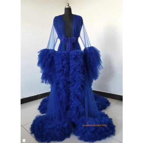 Blue Maternity Robes Womens Shawl Long Tulle Bathrobe Dresses Photo Shoot Birthday Party Bridal Fluffy Party Custom Made Gown