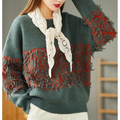 21Autumn Women Sweaters Mori Girl Style Loose Jacquard Tassel Female Fashion Knit Tops Wild