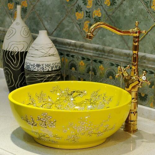 Yellow Europe Style Handmade red color Countertop Ceramic Bathroom wash Basin Bathroom Sink art wash bowl