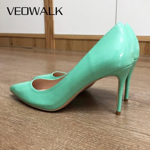 Veowalk Mint Green Women Glossy Pointy Toe High Heels Elegant Ladies Stilettos Pumps Slip On Formal Dress Shoes Colors Customize