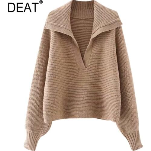 [DEAT] 2021 Spring Autumn New Fashion Tide Solid Color Pullover Long Sleeve Turn-down Collar Loose Knitted Sweater 13A884